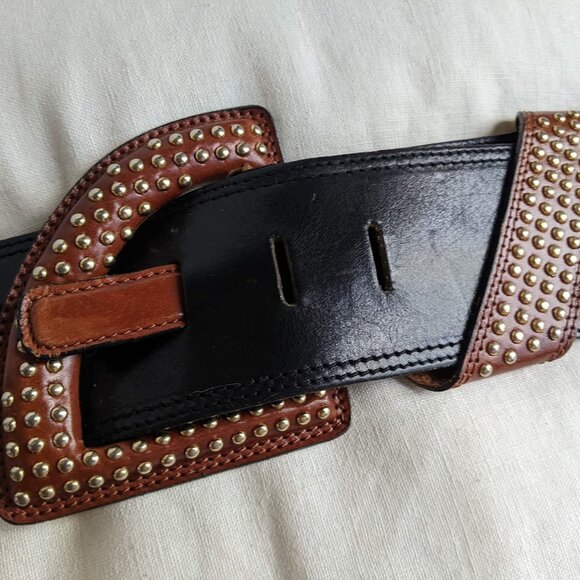 LYNN LERNER Vintage Wide Black Leather Belt with Gold Mini Metal Studs Italy main image 8